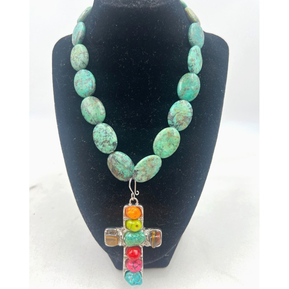 Turquoise Beaded Necklace Multi-Gemstone Cross Pendant Silver Tone 22" Chunky